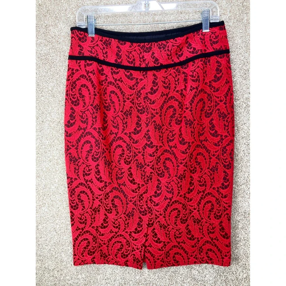 Magaschoni Lace Scroll Pencil Skirt Women 12 Red Black Dark Academia Office Chic
